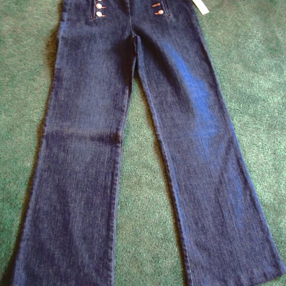 WOMEN'S THEORY JEANS-NEW-SIZE 6-INDIGO-BUTTONS on each SIDE -WIDE LEG - Picture 2 of 7